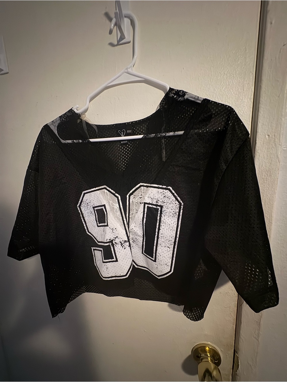 Black Mesh Cropped Jersey Top with White 90 Graphic